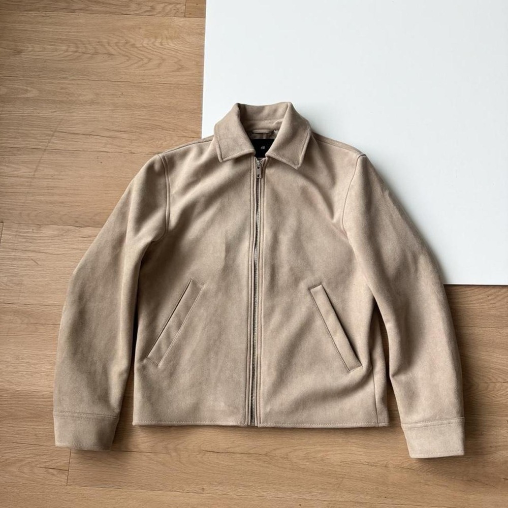 H&M Jacket Small Boxy Zip Up Beige Minimalist Faux Suede